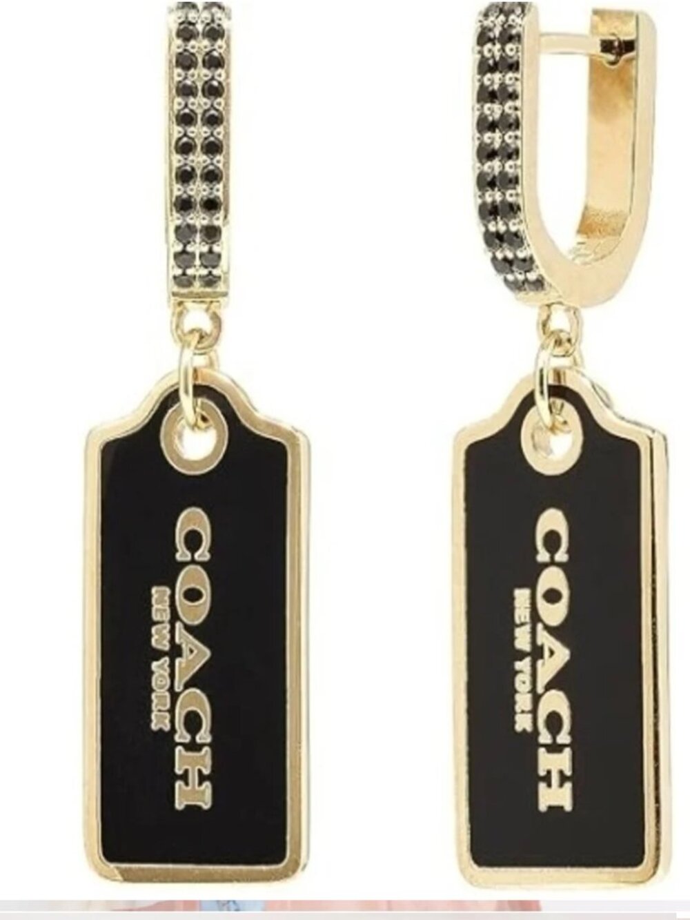 Coach Black and Gold Tag Hoop Earrings NWT